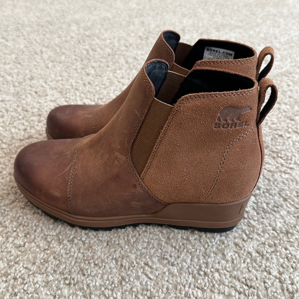 Sorel Women’s Evie Pull On Leather Booties Cognac Brown Size 7